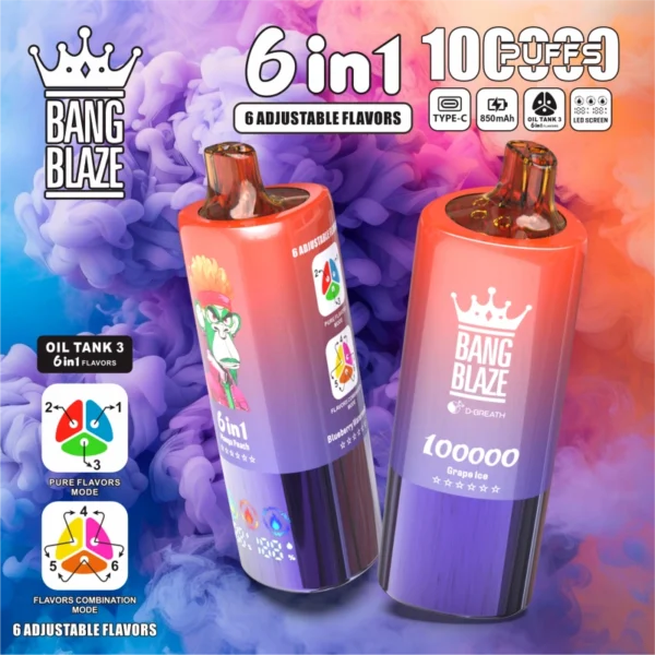 Bang-Blaze-100000-Puffs-6-1.webp Bang Blaze 100,000 Puffs 6 az 1-ben Vape – A Tökéletes Élmény 100 000 Slukkal – termékkép
