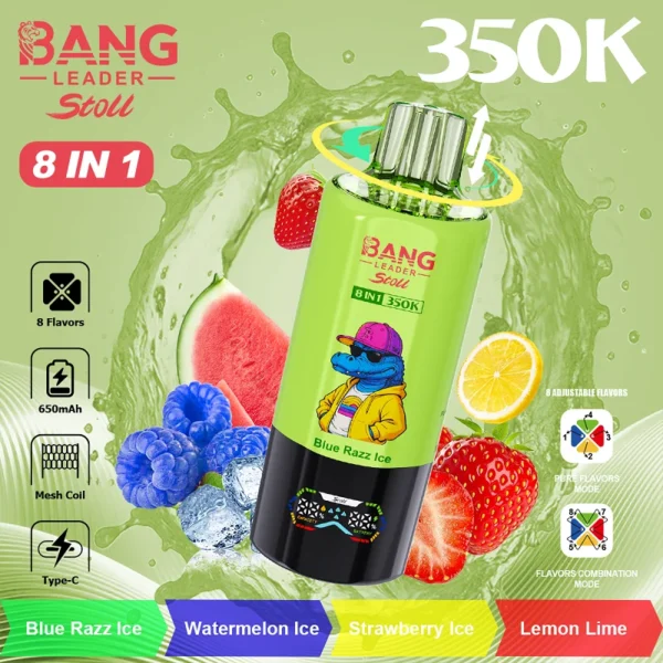 Bang-Leader-Stoll350K-flavor-blue-razz-ice-watermelon-ice.webp Bang Leader Stoll 350K 8in1 Eldobható Vape – termékkép