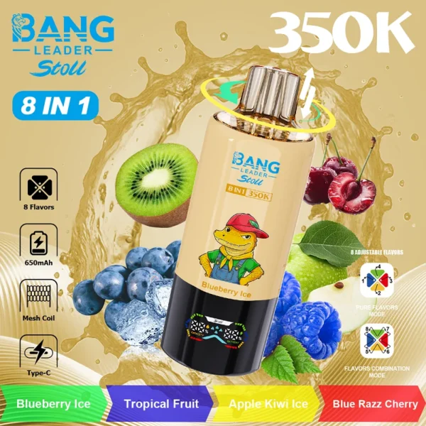 Bang-Leader-Stoll350K-flavor-blueberry-ice-tropical-fruit.webp Bang Leader Stoll 350K 8in1 Eldobható Vape – termékkép
