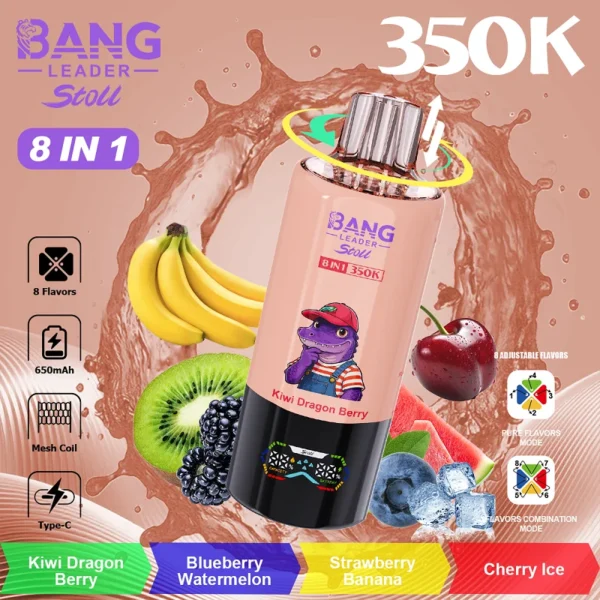 Bang-Leader-Stoll350K-kiwi-dragon-berry-blueberry-watermelon.webp Bang Leader Stoll 350K 8in1 Eldobható Vape – termékkép