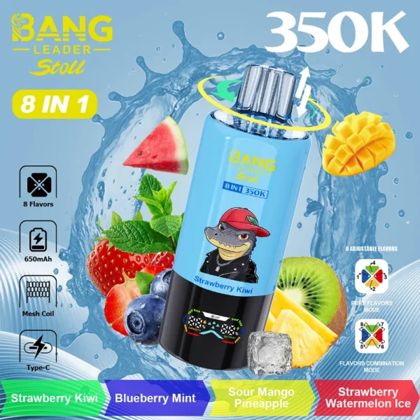 Bang-Leader-Stoll350K-strawberyy-kiwi-blueberry-miny.webp Bang Leader Stoll 350K 8in1 Eldobható Vape – termékkép