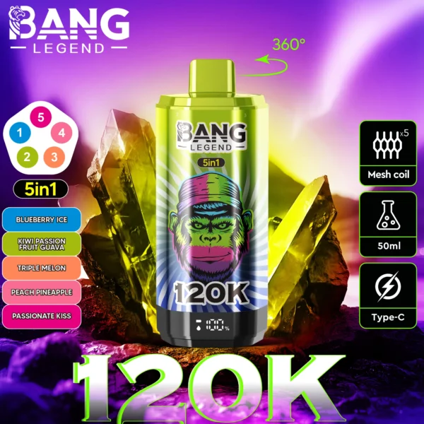 Bang-Legend-120000-120K-Puffs-5-in-1-Flavors-blueberry-ice-kiwi-passion-fruit-guava-triple-melon-peach-pineapple-passionate-kiss.webp Bang Legend 120K Puffs – 5 az 1-ben Vaping, 120,000 Puff és Több Íz – termékkép