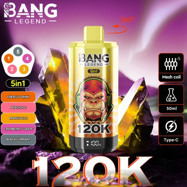 Bang-Legend-120000-120K-Puffs-5-in-1-Flavors-energy-drink-peach-ice-mango-ice-cranberry-grape-blackcurrant.webp Bang Legend 120K Puffs – 5 az 1-ben Vaping, 120,000 Puff és Több Íz – termékkép