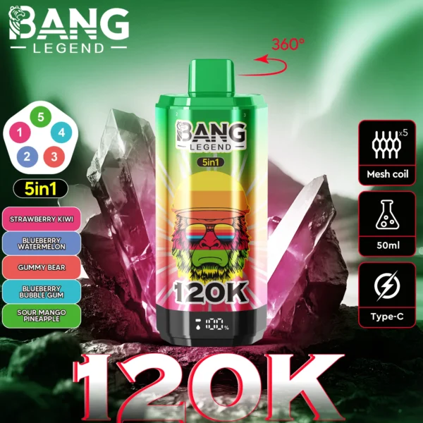 Bang-Legend-120000-120K-Puffs-5-in-1-Flavors-strawberry-kiwi-blueberry-watermelon-bear-fudge-blueberry-bubble-gum-sour-mango-pineapple.webp Bang Legend 120K Puffs – 5 az 1-ben Vaping, 120,000 Puff és Több Íz – termékkép