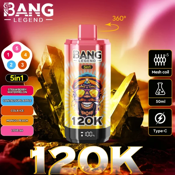 Bang-Legend-120000-120K-Puffs-5-in-1-Flavors-strawberry-watermelon-cantaloupe-apple-cola-ice-mango-peach-love-66.webp Bang Legend 120K Puffs – 5 az 1-ben Vaping, 120,000 Puff és Több Íz – termékkép