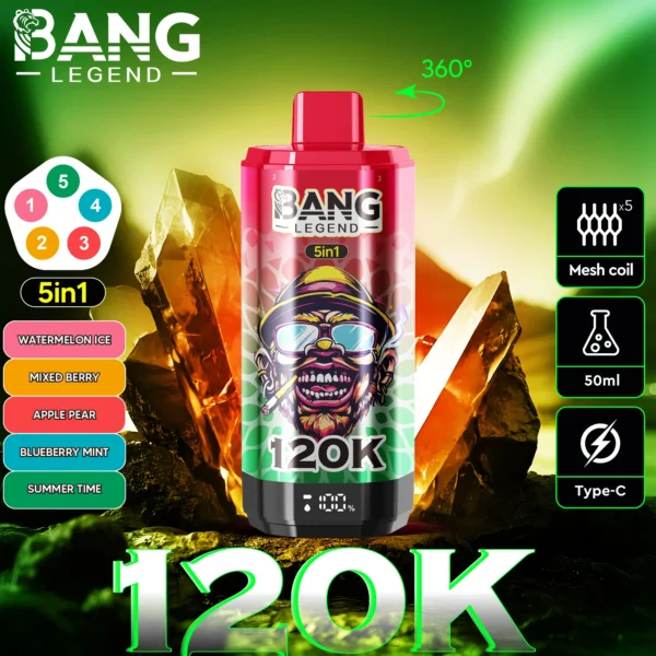 Bang-Legend-120000-120K-Puffs-5-in-1-Flavors-watermelon-ice-mixed-berries-apple-pear-blueberry-mint-summer-time.webp Bang Legend 120K Puffs – 5 az 1-ben Vaping, 120,000 Puff és Több Íz – termékkép