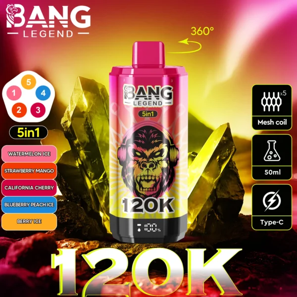 Bang-Legend-120000-120K-Puffs-5-in-1-Flavors-watermelon-ice-strawberry-mango-california-cherry-blueberry-peach-ice-berry-cool.webp Bang Legend 120K Puffs – 5 az 1-ben Vaping, 120,000 Puff és Több Íz – termékkép