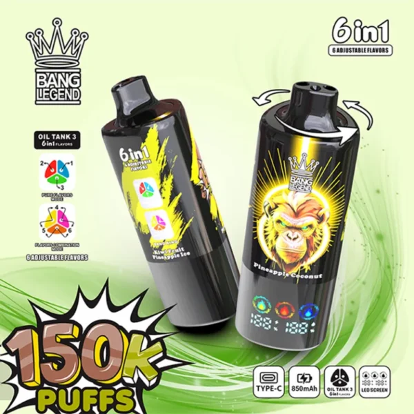 Bang-Legend-6in1-150000-Puffs-PineappleIce-PineappleCoconut-KiwiFruitPineappleIce-PineappleIcePineappleCoconut-PineappleIceKiwiFruitPineappleIce-PineappleCoconutKiwiFruitPineappleIce Bang Legend 150K Puffs - Az új generációs 6 az 1-ben eldobható e-cigi – termékkép