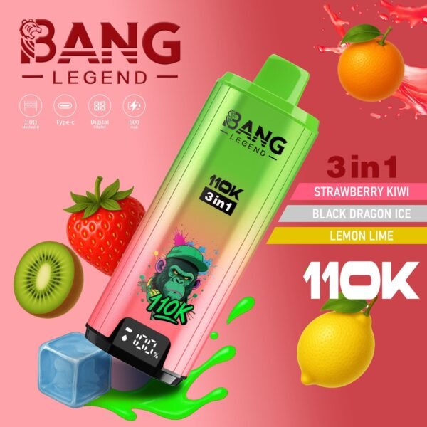 Bang_legend_110k_puffs_3in1_vape_strawberry_kiwi_black_dragon_ice_lemon_lime Bang Legend 110K Puffs 3 az 1-ben Vape – Ultra hosszú élettartam, hálós tekercs, Type-C töltés, 12 ízkombó – termékkép