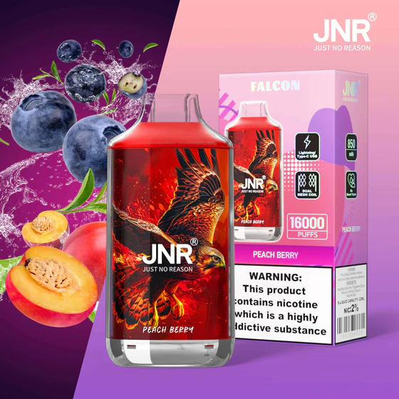 JNR-Falcon-16000-Puffs-Peach-Berry.webp JNR Falcon 16000 Puffs – Eldobható elektronikus cigaretta 16000 slukk erejéig – termékkép