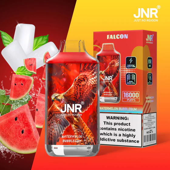 JNR-Falcon-16000-Puffs-Watermelon-Bubblegum.webp JNR Falcon 16000 Puffs – Eldobható elektronikus cigaretta 16000 slukk erejéig – termékkép