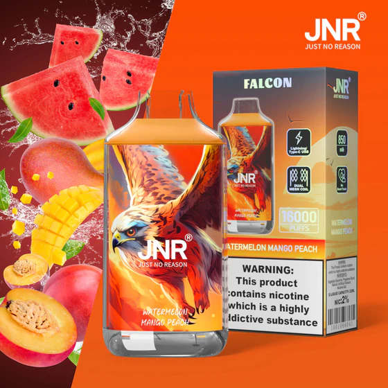 JNR-Falcon-16000-Puffs-Watermelon-Mango-Peach.webp JNR Falcon 16000 Puffs – Eldobható elektronikus cigaretta 16000 slukk erejéig – termékkép