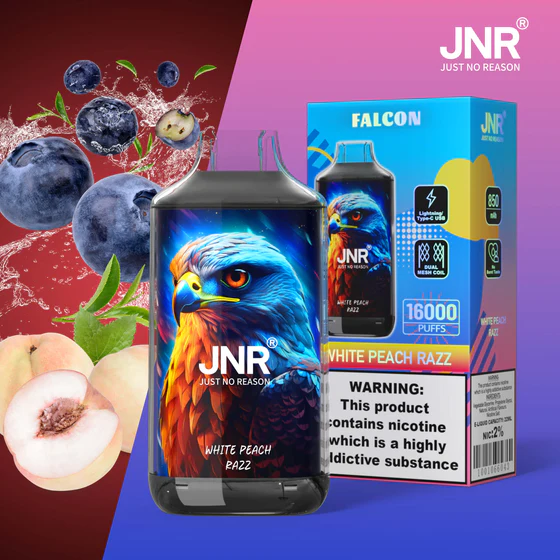 JNR-Falcon-16000-Puffs-White-Peach-Razz.webp JNR Falcon 16000 Puffs – Eldobható elektronikus cigaretta 16000 slukk erejéig – termékkép