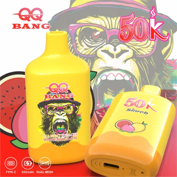 QQ BANG 50000 Puffs Mango Peach Watermelon QQ BANG 50000 Puffs Eldobható Vape – 50 000 Puff • Dual Mesh • Újratölthető – termékkép