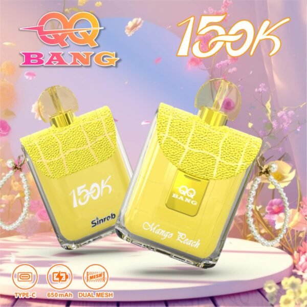 QQ-Bang-150k-Puff-Mango-Peach QQ BANG 150K Puff – 150 000 Puff, Dual Mesh, USB Type-C Újratölthető Eldobható Vape – termékkép