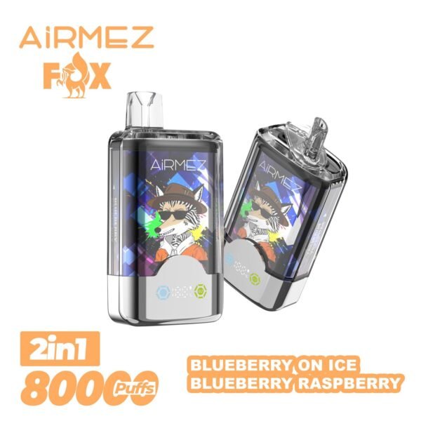 VapePurchase-airmez-2-in-1-80000-puffs-blueberry-on-ice-blueberry-raspberry Airmez Fox 2 in 1 80000 Puffs – Kettős Íz LED Kijelzős Eldobható Vape | 80K Puff | Újratölthető | EU Raktár – termékkép