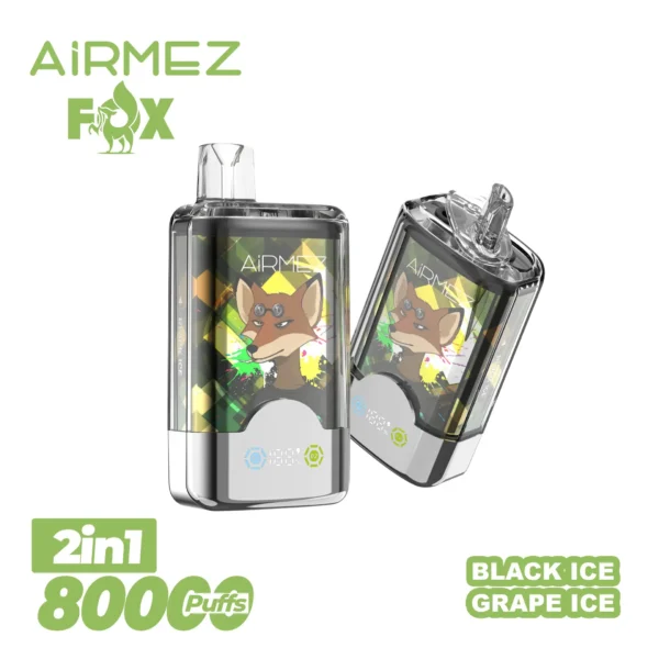 VapePurchase-airmez-2-in-1-80000-puffs-grape-ice-black-ice Airmez Fox 2 in 1 80000 Puffs – Kettős Íz LED Kijelzős Eldobható Vape | 80K Puff | Újratölthető | EU Raktár – termékkép