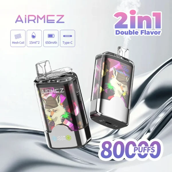 VapePurchase-airmez-2-in-1-80000-puffs-main-picture Airmez Fox 2 in 1 80000 Puffs – Kettős Íz LED Kijelzős Eldobható Vape | 80K Puff | Újratölthető | EU Raktár – termékkép