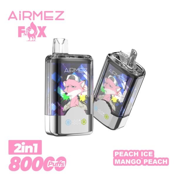 VapePurchase-airmez-2-in-1-80000-puffs-peach-ice-mango-peach Airmez Fox 2 in 1 80000 Puffs – Kettős Íz LED Kijelzős Eldobható Vape | 80K Puff | Újratölthető | EU Raktár – termékkép