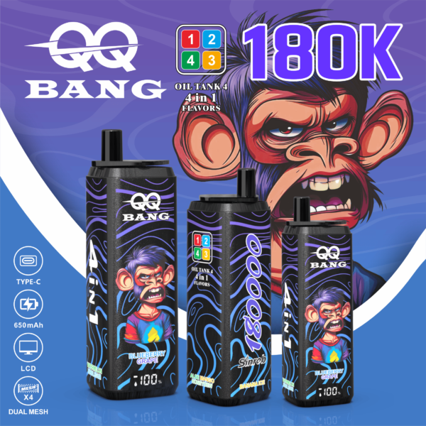 VapePurchase-qq-bang-180000-180k-puffs-banana-ice-watermelon-bubblegum-blueberry-grape-aloe-mango-melon QQ BANG 180K Eldobható Vape – 180 000 Puff • 4 az 1-ben Ízrendszer • LCD Kijelző – termékkép