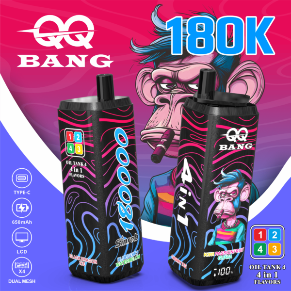 VapePurchase-qq-bang-180000-180k-puffs-blueberry-watermelon-cherry-ice-kiwi-passionfruit-guava-black-dragon-ice QQ BANG 180K Eldobható Vape – 180 000 Puff • 4 az 1-ben Ízrendszer • LCD Kijelző – termékkép