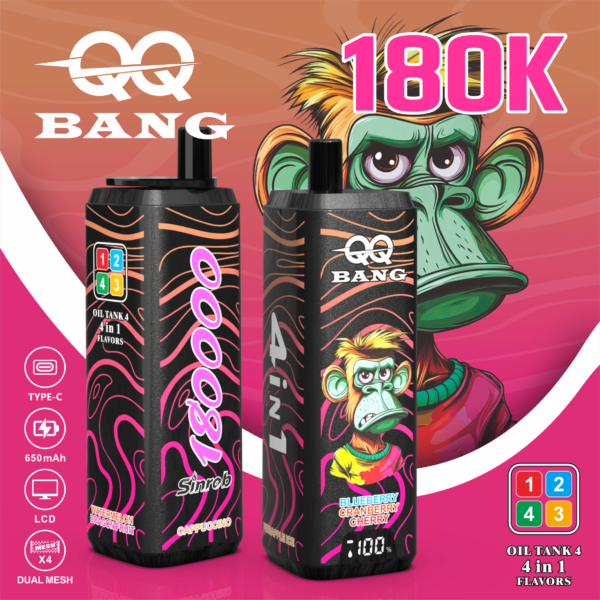 VapePurchase-qq-bang-180000-180k-puffs-cappuccino-pineapple-ice-blueberry-cranberry-cherry-watermelon-dragon-fruit QQ BANG 180K Eldobható Vape – 180 000 Puff • 4 az 1-ben Ízrendszer • LCD Kijelző – termékkép