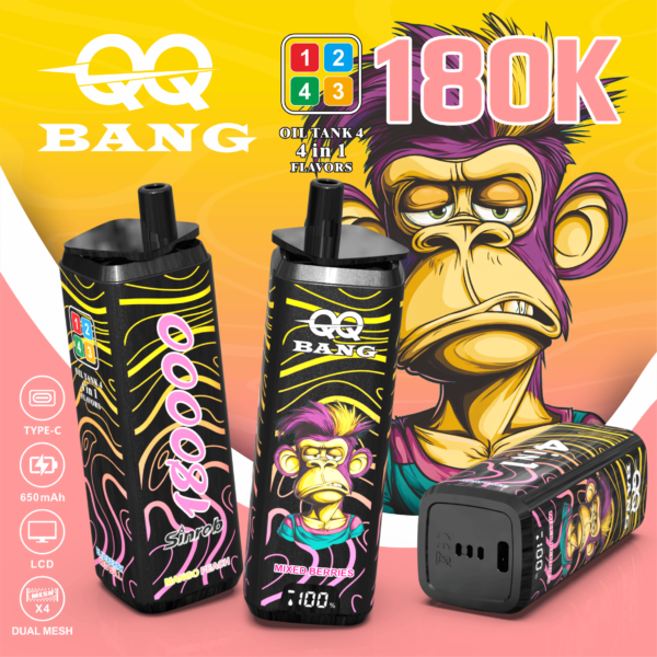 VapePurchase-qq-bang-180000-180k-puffs-mango-peach-grape-ice-mixed-berries-blueberry-red-bull QQ BANG 180K Eldobható Vape – 180 000 Puff • 4 az 1-ben Ízrendszer • LCD Kijelző – termékkép