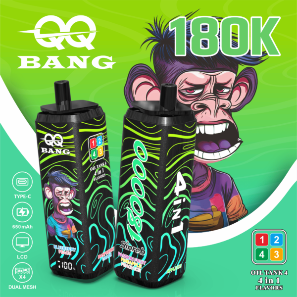 VapePurchase-qq-bang-180000-180k-puffs-passionfruit-pineapple-peach-ice-apple-ice-blueberry-peach-raspberry-grape QQ BANG 180K Eldobható Vape – 180 000 Puff • 4 az 1-ben Ízrendszer • LCD Kijelző – termékkép