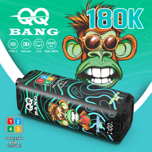 VapePurchase-qq-bang-180000-180k-puffs-pineapple-coconut-strawberry-ice-blueberry-mint-green-apple-kiwi QQ BANG 180K Eldobható Vape – 180 000 Puff • 4 az 1-ben Ízrendszer • LCD Kijelző – termékkép
