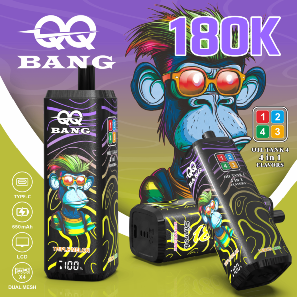 VapePurchase-qq-bang-180000-180k-puffs-strawberry-kiwi-apple-grape-triple-melon-lemon-lime QQ BANG 180K Eldobható Vape – 180 000 Puff • 4 az 1-ben Ízrendszer • LCD Kijelző – termékkép