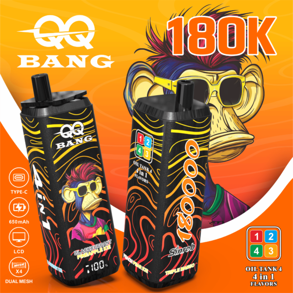 VapePurchase-qq-bang-180000-180k-puffs-triple-mango-blueberry-ice-blackcurrant-pineapple-ice-peach-pear-ice QQ BANG 180K Eldobható Vape – 180 000 Puff • 4 az 1-ben Ízrendszer • LCD Kijelző – termékkép