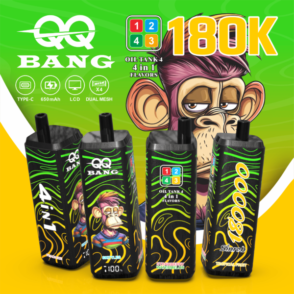 VapePurchase-qq-bang-180000-180k-puffs-tropical-fruit-peach-ice-skittles-strawberry-watermelon QQ BANG 180K Eldobható Vape – 180 000 Puff • 4 az 1-ben Ízrendszer • LCD Kijelző – termékkép