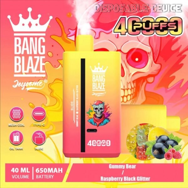 bang-blaze-40k-40000-puffs-gummy-bear-raspberry-black-glitter.jpeg Bang Blaze 40K Puffs - 2 az 1-ben Vape Nagykereskedelmi Vásárlás – termékkép