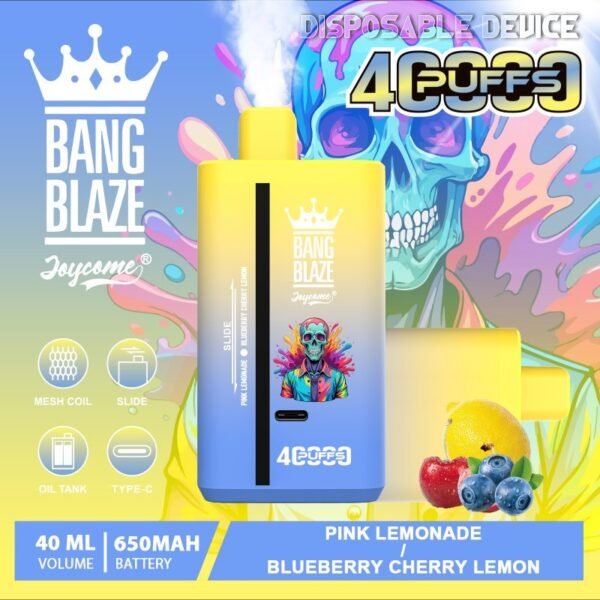 bang-blaze-40k-40000-puffs-pink-lemonade-blueberry-cherry-lemon.jpeg Bang Blaze 40K Puffs - 2 az 1-ben Vape Nagykereskedelmi Vásárlás – termékkép