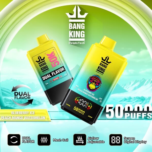 bang-king-50000-50k-puffs-blueberry-ice-peach-mango-watermelon Bang King 50000 Puffs 50k Egyszer használatos e-cigaretta kettős ízzel, okos képernyővel – termékkép