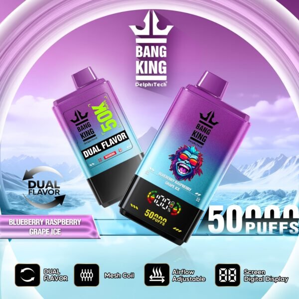 bang-king-50000-50k-puffs-blueberry-raspberry-grape-ice Bang King 50000 Puffs 50k Egyszer használatos e-cigaretta kettős ízzel, okos képernyővel – termékkép