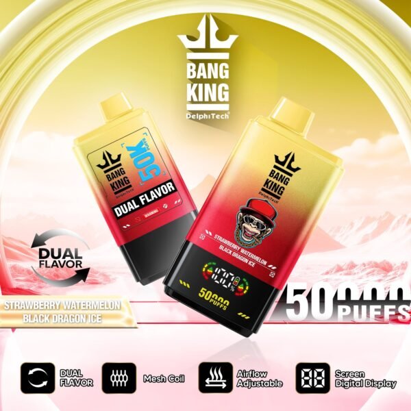 bang-king-50000-50k-puffs-strawberry-watermelon-black-dragon-ice Bang King 50000 Puffs 50k Egyszer használatos e-cigaretta kettős ízzel, okos képernyővel – termékkép