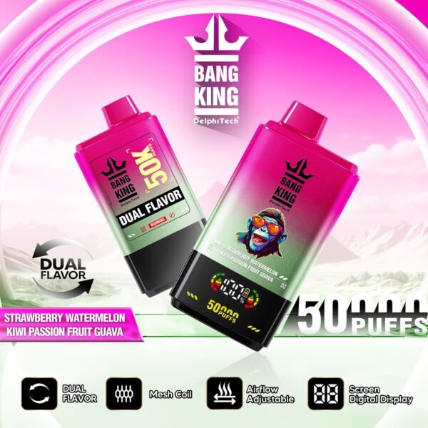 bang-king-50000-50k-puffs-strawberry-watermelon-kiwi-passion-fruit-guava Bang King 50000 Puffs 50k Egyszer használatos e-cigaretta kettős ízzel, okos képernyővel – termékkép