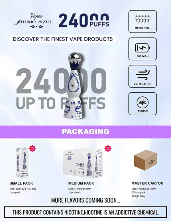Humo Azul 24000 Puff Tölthető Egyszerhasználatos Vape – Luxus Dizájn, Mesh Coil, 2% Nikotin Só – termékkép