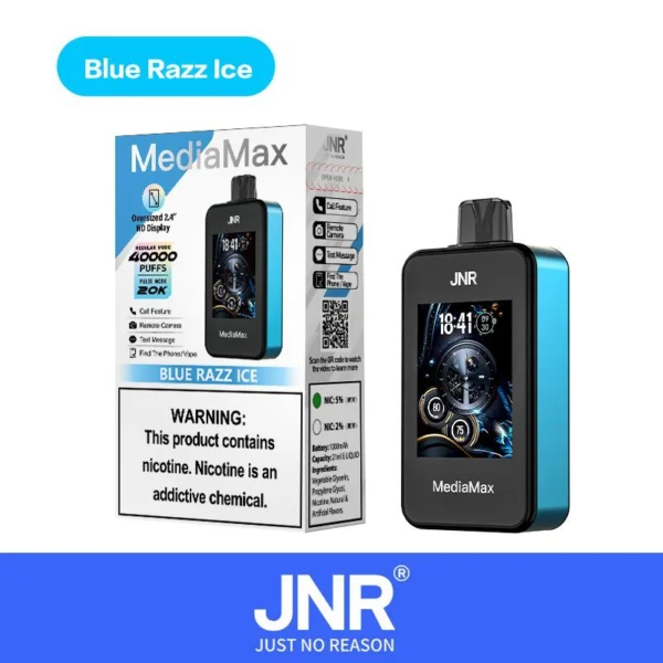 jnr-media-max-40000-puffs-BLUE-RAZZ-ICE.webp JNR Media Max 40000 Fújás - Okos Eldobható Elektronikus Cigaretta – termékkép