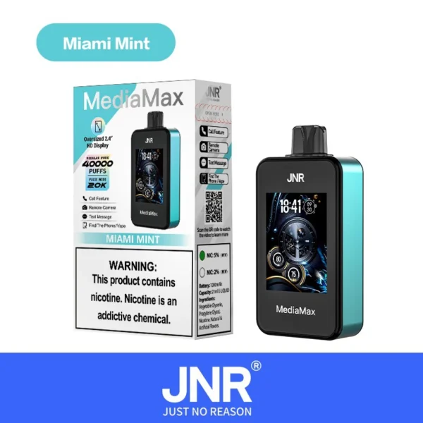 jnr-media-max-40000-puffs-Miami-Mint.webp JNR Media Max 40000 Fújás - Okos Eldobható Elektronikus Cigaretta – termékkép