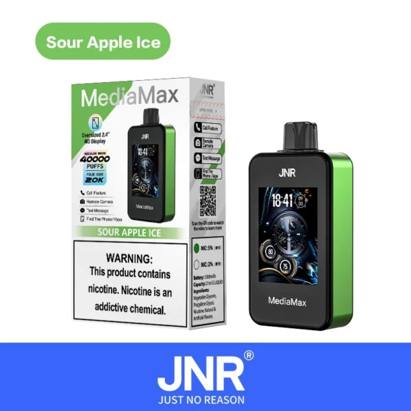 jnr-media-max-40000-puffs-Sour-Apple-Ice.webp JNR Media Max 40000 Fújás - Okos Eldobható Elektronikus Cigaretta – termékkép