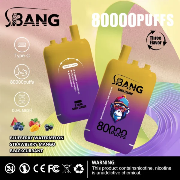 vape-bang-leader-80000-80k-puffs-blueberry-watermelon-strawberry-mango-blackcurrant.webp Bang Leader 80000 Puffs – 3 az 1-ben Ízek: A Tökéletes Vaping Élmény – termékkép