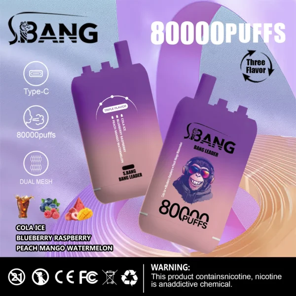 vape-bang-leader-80000-80k-puffs-cola-ice-blueberry-raspberry-peach-mango-watermelon.webp Bang Leader 80000 Puffs – 3 az 1-ben Ízek: A Tökéletes Vaping Élmény – termékkép