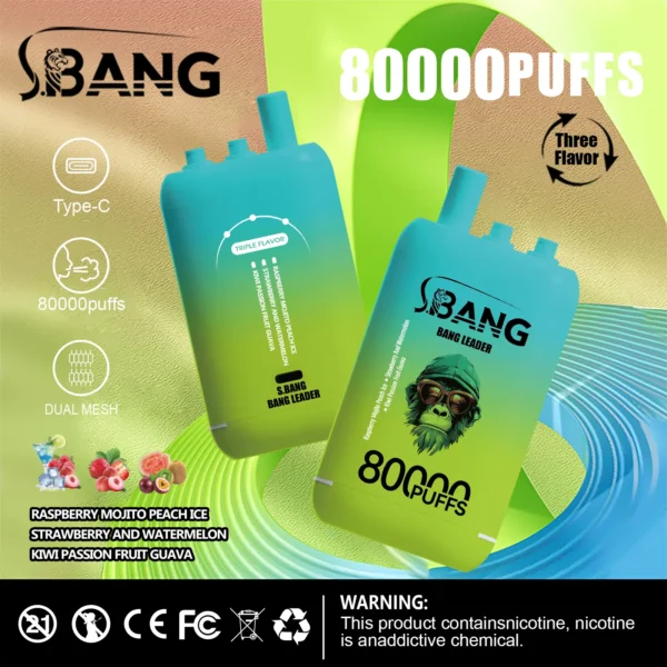 vape-bang-leader-80000-80k-puffs-raspberry-mojito-peach-ice-strawberry-and-watermelon-kiwi-passion-fruit-guava.webp Bang Leader 80000 Puffs – 3 az 1-ben Ízek: A Tökéletes Vaping Élmény – termékkép