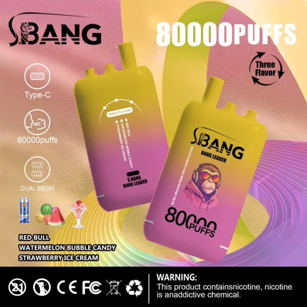 vape-bang-leader-80000-80k-puffs-red-bull-watermelon-bubble-candy-strawberry-ice-cream.webp Bang Leader 80000 Puffs – 3 az 1-ben Ízek: A Tökéletes Vaping Élmény – termékkép