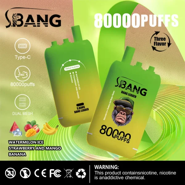 vape-bang-leader-80000-80k-puffs-watermelon-ice-strawberry-and-mango-banana.webp Bang Leader 80000 Puffs – 3 az 1-ben Ízek: A Tökéletes Vaping Élmény – termékkép